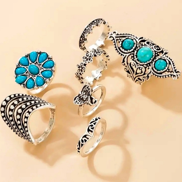 Vintage Turquoise Elephant Geometric Ring 7pcs/SetBoho Style Decor Jewelry - Picture 5 of 10